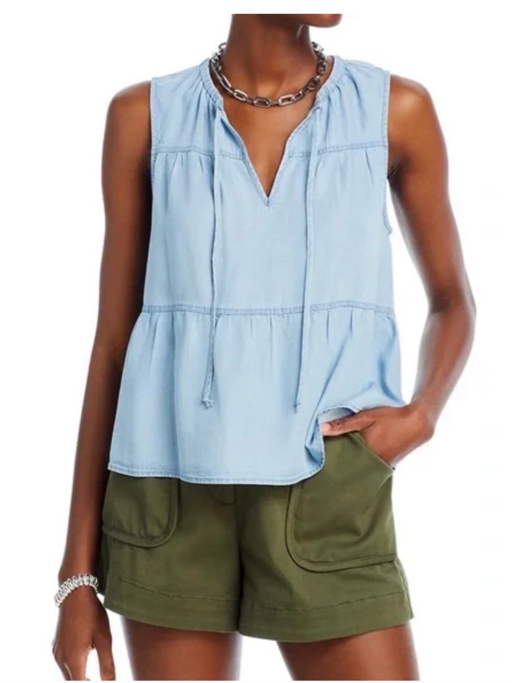 Aqua Light Blue Sleeveless Tiered V-Neck Top